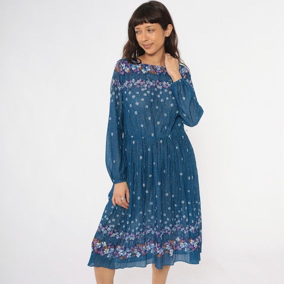 80s Floral Dress Blue Pleated Prairie Cottagecore Fairycore Vintage Daisy Print Purple Pink White Summer Spring Sundress Sheer Medium L