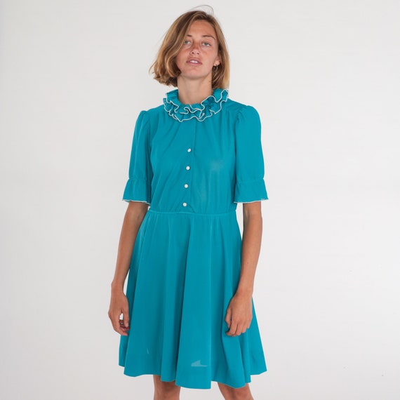 Ruffled Mini Dress 70s Teal Shirtwaist Dress High Neck Ruffle Collar Button up Short Sleeve High Waisted Blue Green Vintage 1970s Medium M