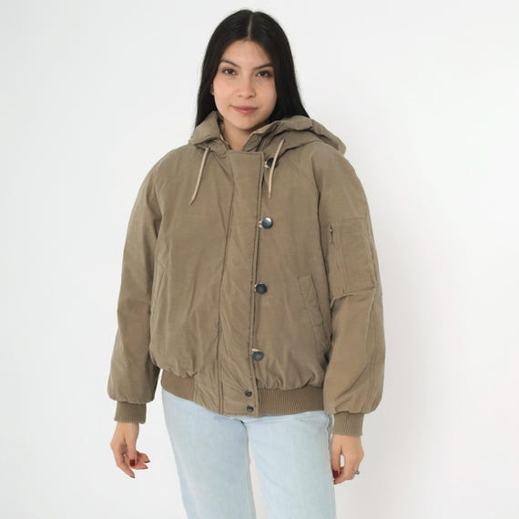 Vintage Tan Puffer Jacket 80s Hooded Button Up 1980s Utility Winter Coat Loop Closure Rib Knit Hem Hoodie Puffy Oversized Small