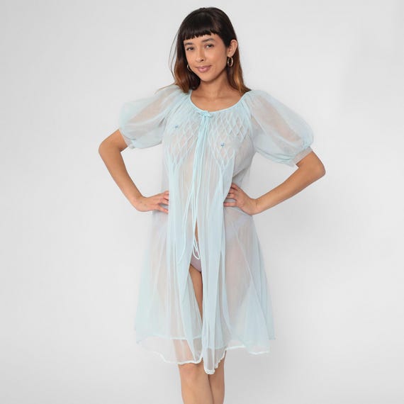 60s Sheer Charmode Lingerie Robe Vintage Baby Blue Pintuck Pleated Nightgown Pajama Jacket 70s Midi Nylon Pastel 1960s Small Medium