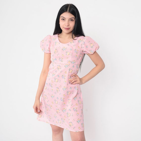 60s Babydoll Dress -- Pink Gingham Floral Mod Min… - image 2