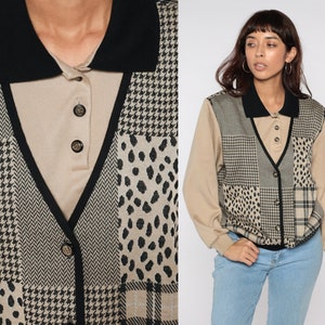 80s Patchwork Sweatshirt Attached Vest Checkered Sweatshirt Animal Print Button Up Tan Plaid Houndstooth Leopard Shirt Vintage Large L image 1