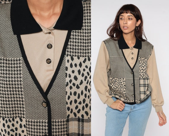 80s Patchwork Sweatshirt Attached Vest Checkered … - image 1