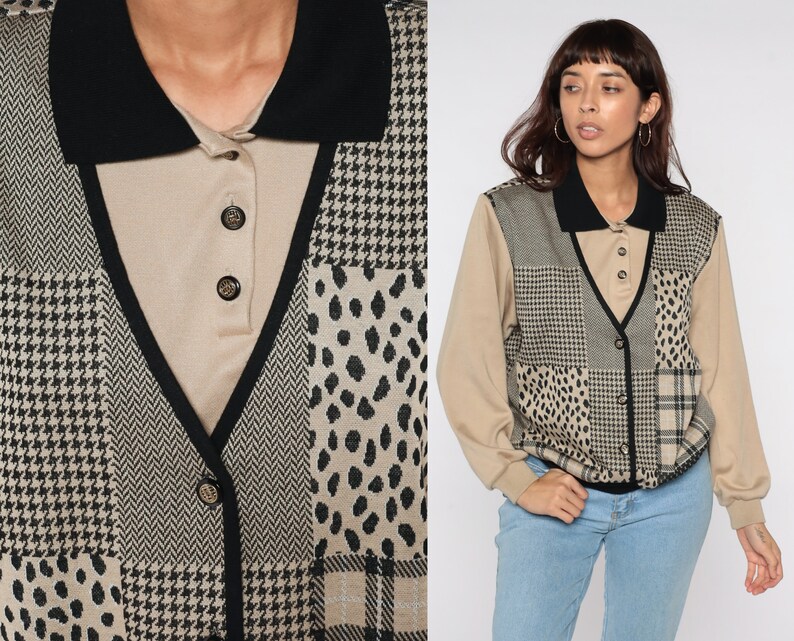 80s Patchwork Sweatshirt Attached Vest Checkered Sweatshirt Animal Print Button Up Tan Plaid Houndstooth Leopard Shirt Vintage Large L image 1