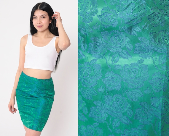 60s Floral Skirt Green Brocade Mini Skirt Blue Fo… - image 1