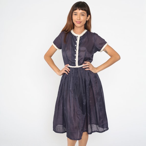 1950s Dress Sheer Navy Blue Button Up Shirtdress Lace Trim Pleated Full Skirt Mad Men Tea Length Midi 50s Vintage Short Sleeve Small S