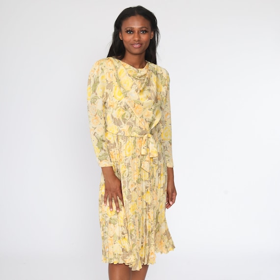 Yellow Floral Dress Y2K Midi Cowl Neck Boho High Waisted PLEATED Bow Dress 00s Secretary Vintage Long Sleeve Bohemian Small S