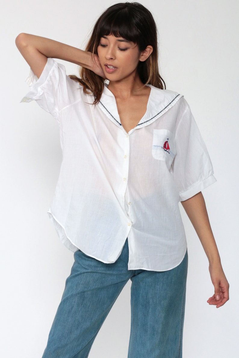 Sailor Shirt Nautical Blouse 80s Shirt White Sailor Collar Top Long Sleeve Top Sheer Shirt Sailboat 1980s Collared Large