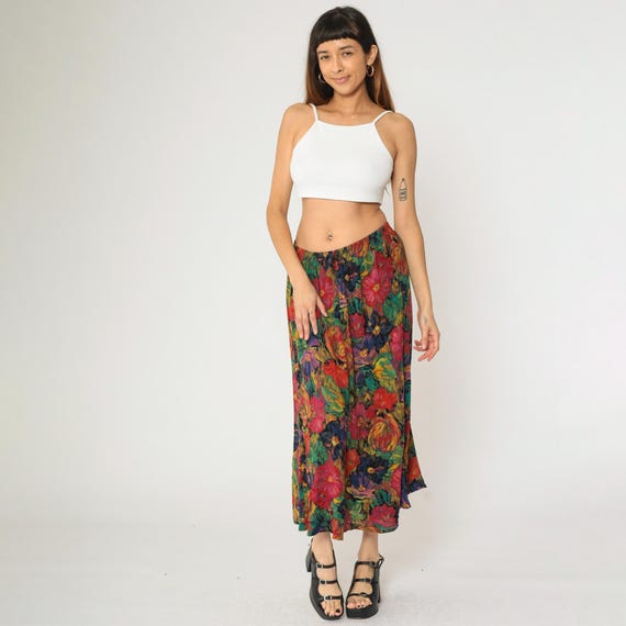 Vintage 90s Floral Skirt Watercolor Flower Print Midi Boho High Elastic Waist 1990s Hippie Romantic Summer Green Red Purple Large XL