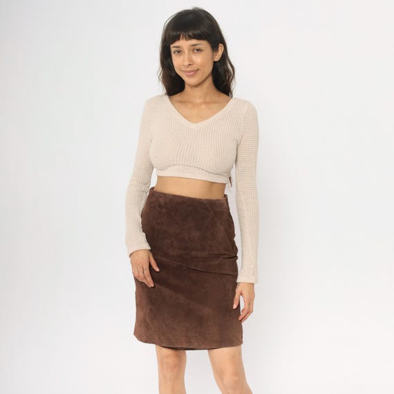 Brown Leather Skirt 90s Knee Length Pencil Fitted Vintage Minimalist Classic Fall Winter Office Work Professional Preppy Academia Small S
