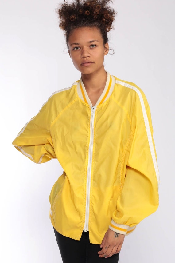 Yellow Windbreaker Jacket Zip Up Jacket 70s Baseball Jacket Racing Nylon Raglan Sleeve Coach Jacket Windbreaker 1970s Vintage Striped Large