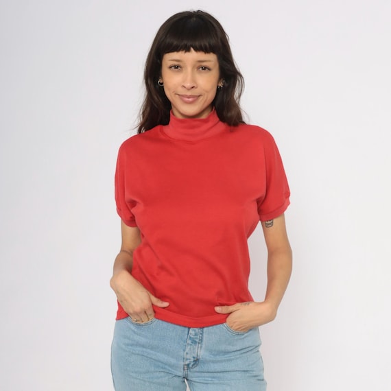 Red Sleeveless Turtleneck 90s Tee Red Short Sleeve Top Cotton Cuff Blouse Scarlet Shirt High Neck Vintage French Collegiate Preppy Medium M