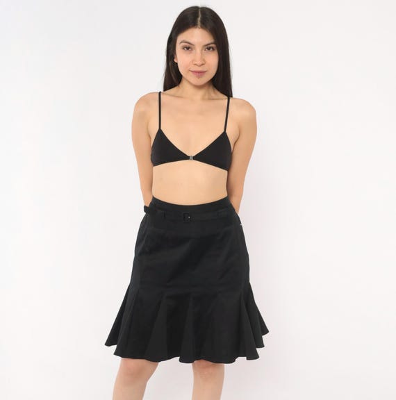 Y2K Pendleton Flounce Tulip Skirt Black Cotton Trumpet Fit Belted Waist Peplum Flare Drop Waist Office Dark Academia Jet Women Medium M