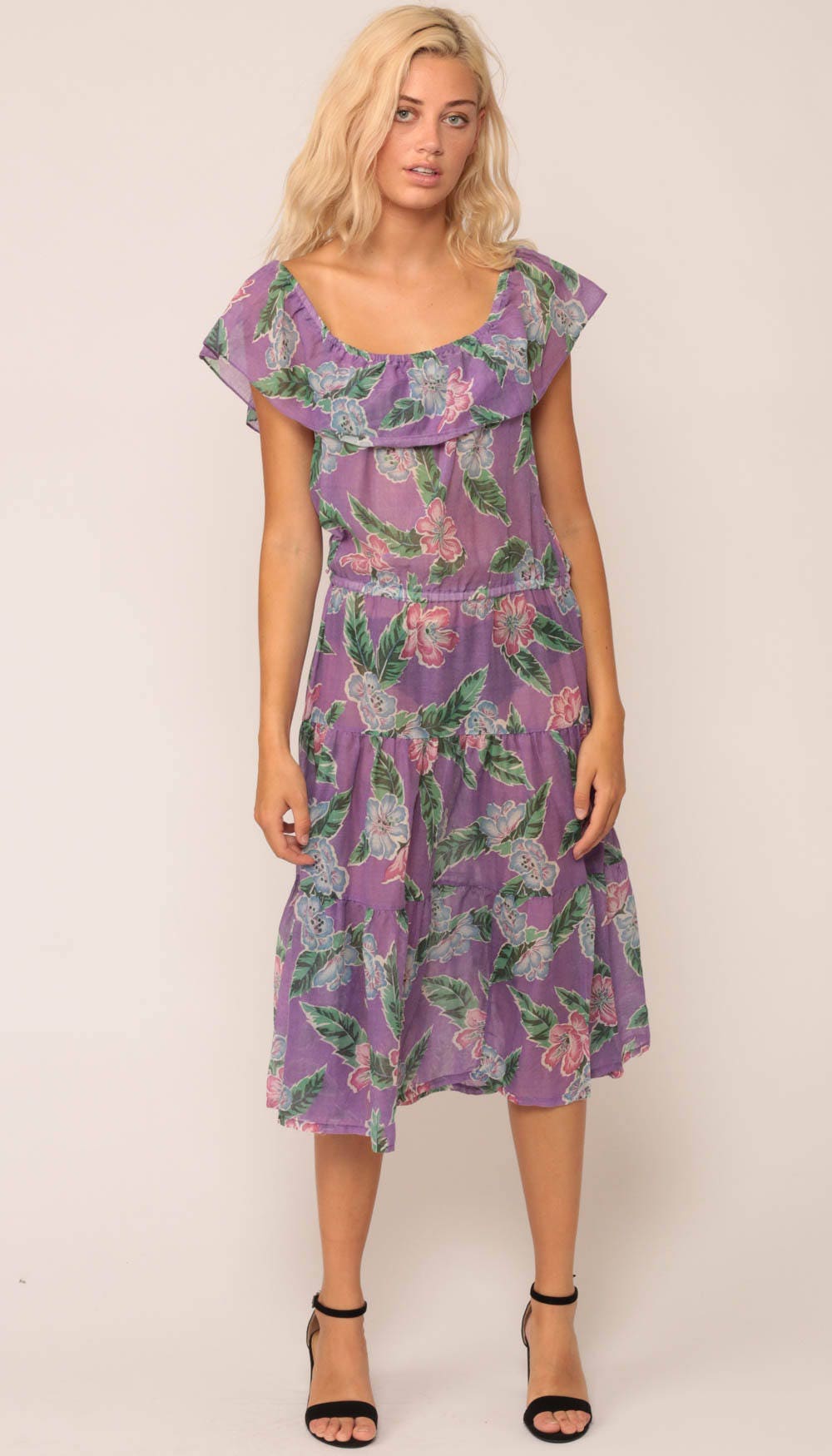 70s Boho Dress Sheer Floral Print Flutter Sleeve Off Shoulder Midi