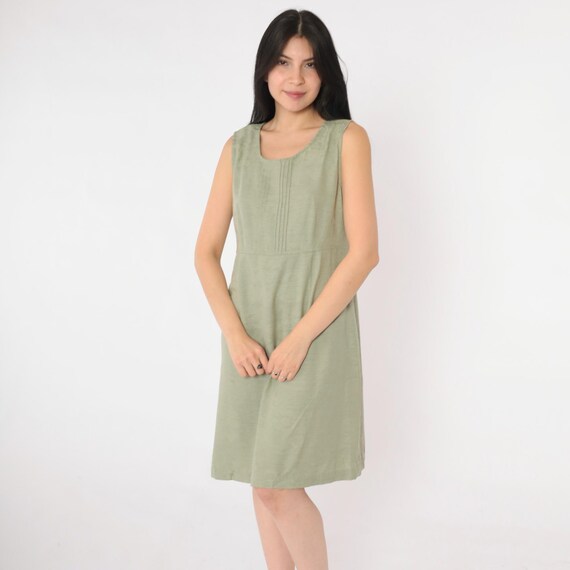 90s Floral Jacquard Mini Dress Muted Olive Green Sleeveless High Waisted Summer Scoop Neck Rayon Blend Vintage 1990s Day Dress Small Medium