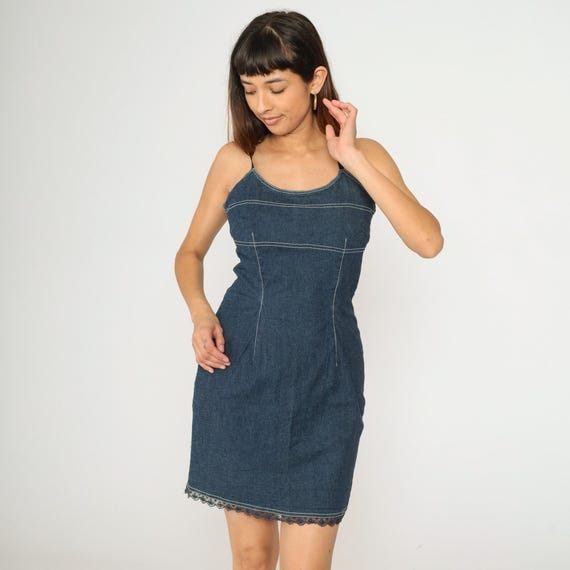 Vintage Denim Bodycon Dress 90s Mini Jean Dress Spaghetti Strap Sheath 1990s Night Out Tight Dress Minidress Sleeveless Medium