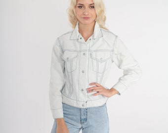 Jaqueta Jeans Levis Branca 80s Jaqueta Jeans Azul Claro Cropped Botão Up Levi Strauss Biker Levi's Para Garotas Vintage 1980s Extra Pequeno xs