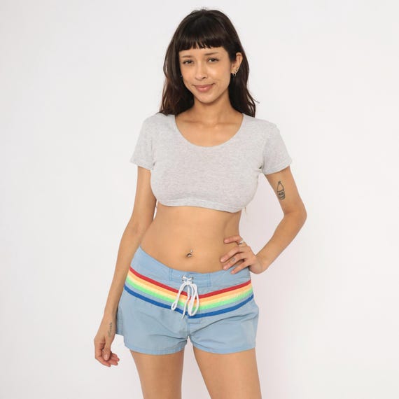 Rainbow Stripe Board Shorts Y2K Sky Blue Swim Trunks Lace Up Front Low Rise 2000s No Boundaries Surf Beach Colorful Boardshorts Medium M