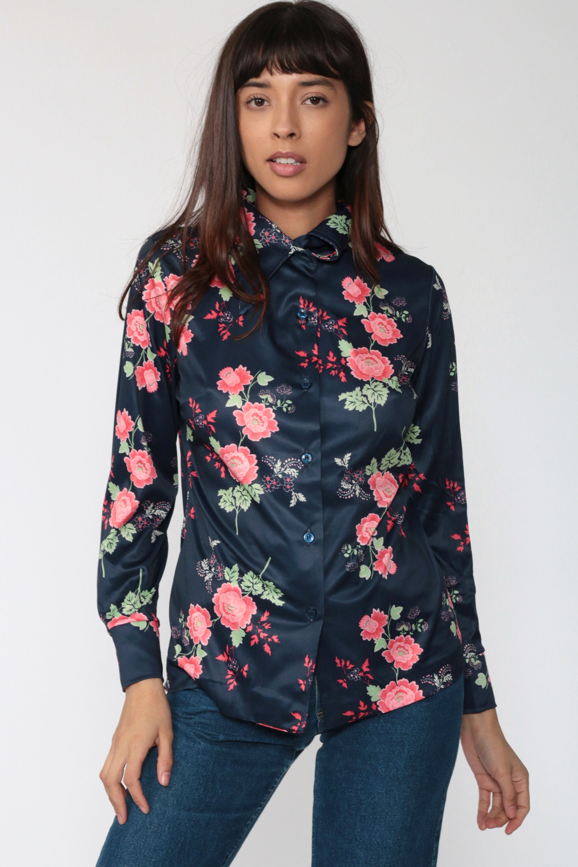 Navy Floral Shirt Boho Shirt 70s Disco Button Up Blue Flower Print ...