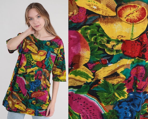 Fruit Print Shirt 90s Tunic Top Colorful Blouse Watermelon Grape Short Sleeve Black Pink Green Yellow Cotton Vintage 1990s Oversized Medium