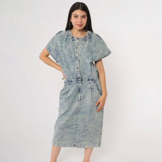 90s Acid Wash Denim Dress Button Front Pocket Detail Midi Length Western Grunge Jean Dress Utility Casual Streetwear Size Large L