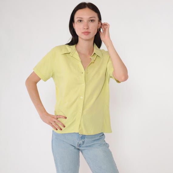 Vintage Lime Green Blouse 90s Linen Cotton Blend Button Up Shirt Retro Plain Simple Short Sleeve Preppy Bill Blass Casual 1990s Medium