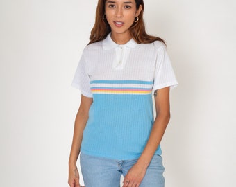 Striped Polo Shirt 80s Ribbed Collared Shirt White Baby Blue Color Block Short Sleeve Button up Preppy Pink Yellow Vintage 1980s Small S