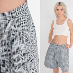 90s Plaid Shorts Black Blue Mom Shorts High Waisted Retro Pleated Trouser Shorts Checkered Preppy White Vintage 1990s Liz Claiborne Medium 8 image 1