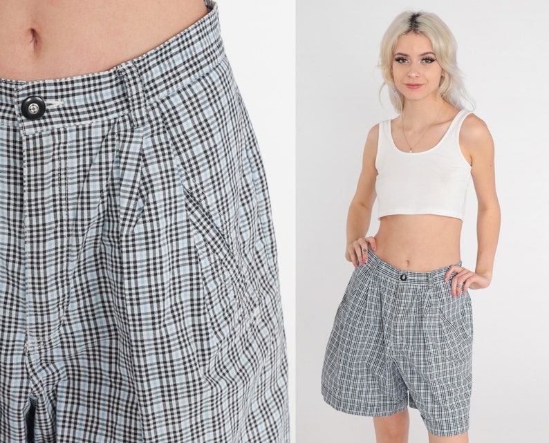 90s Plaid Shorts Black Blue Mom Shorts High Waisted Retro Pleated Trouser Shorts Checkered Preppy White Vintage 1990s Liz Claiborne Medium 8 image 1