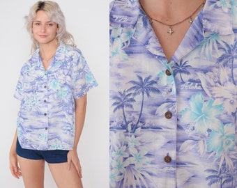 Purple Hawaiian Shirt 90s Tropical Button Up Blouse Hibiscus Flower Aloha Print Vacation Short Sleeve Top Palm Tree Vintage 1990s Medium M