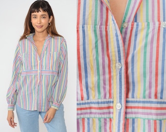 Rainbow Striped Blouse 80s Button up Shirt Multicolor Vertical Stripes Long Sleeve Top Blue Red Yellow Green Vintage 1980s Medium Large