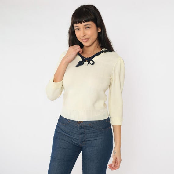 Vintage Sailor Collar Sweater 80s Cream Preppy Nautical Sweater Tie Neck Puff Sleeve Bohemian Hipster 1980s Novelty Retro Extra Small xs