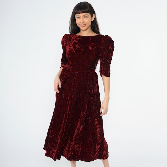 Vintage 80s Burgundy Velvet Dress Puff Sleeve Party Midi Dress High Waisted Formal Evening Cocktail 1980s Goth Prom Gown Small Medium