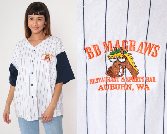 Vintage 90s BB Magraws Baseball Shirt Auburn WA White Pinstripe Oversized Button-Up Jersey Short Sleeve Restaurant Sport Bar Extra Large xl