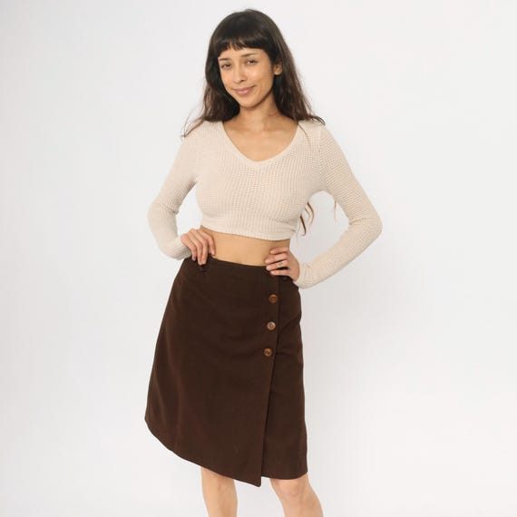 70s Brown Skirt Asymmetrical Hem Chocolate Side Closure Vintage Secretary Office Work Preppy Academic Dark Academia Grunge Alt Small S