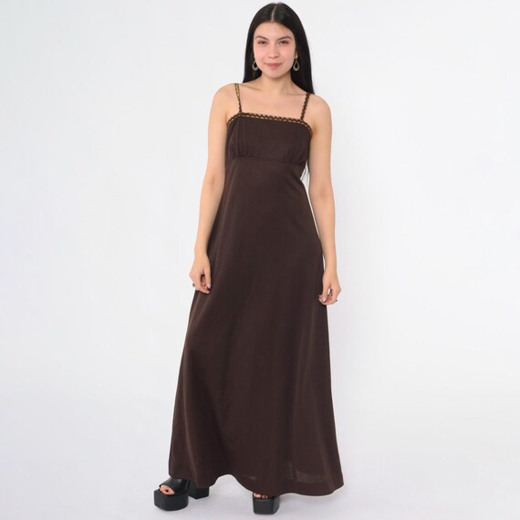 Vintage 70s Brown Maxi Party Dress Metallic Gold Trim Grecian Goddess 1970s Long Empire Waist Spaghetti Strap Tank Small S