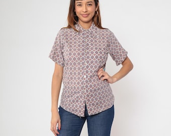 Camicia geometrica anni '70 con bottoni, manica corta, colletto alla coreana, stile mandala, bianca e rossa, colletto a punta, stile retrò, boho hippie, vintage anni '70, taglia piccola e media.
