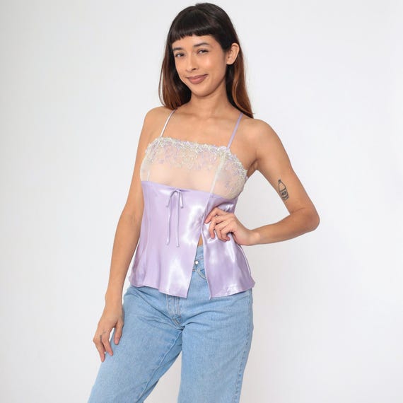 90s Satin Cami Top Sheer Lavender Floral Embroidered Camisole Mesh Lingerie Shirt Square Neck Liquid 1990s Sexy Shirt Spaghetti Strap Medium