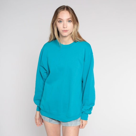Bright Blue Sweatshirt 90s Crewneck Retro Solid Plain Slouchy Pullover Sweater Basic Drop Shoulder 1990s Vintage Jerzees Medium Large