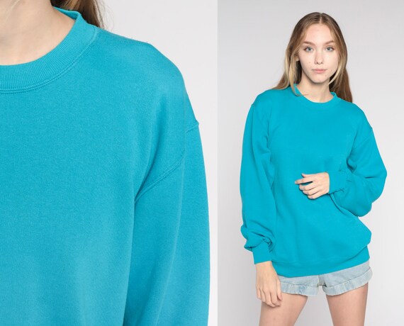 Bright Blue Sweatshirt 90s Crewneck Retro Solid Plain Slouchy