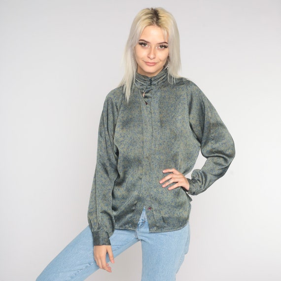 80s Blouse Secretary Shirt Abstract Print Mock Neck Long Sleeve Top 1980s High Neck Collared Top Vintage Retro Green Blue Medium 8