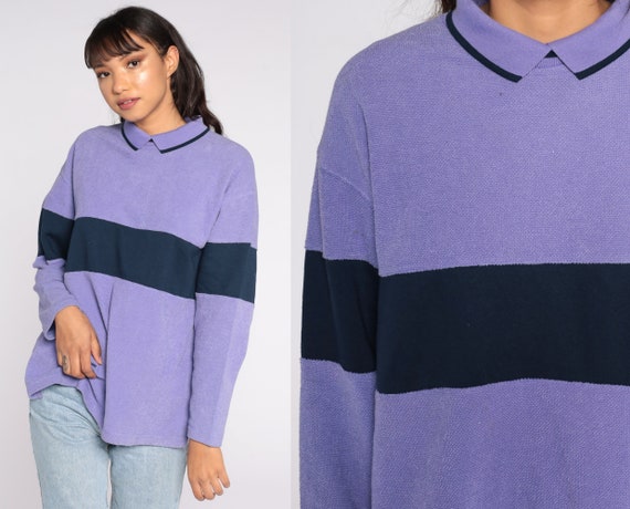 Purple Striped Sweatshirt -- 80s Sweater Retro Sweatshirt Collared Sweatshirt Slouchy Pullover Vintage 1980s Navy Blue Petite Medium