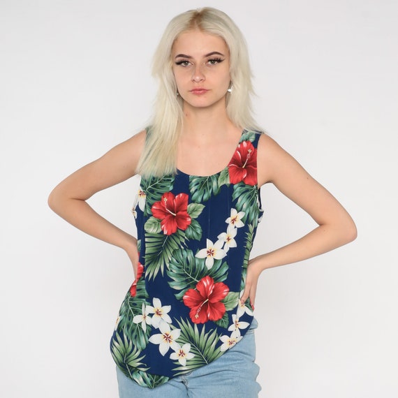Tropical Floral Tank Top 90s Hawaiian Shirt Sleeveless Blouse Blue Hibiscus Flower Print Boho Retro Bohemian Summer Vintage 1990s Medium M