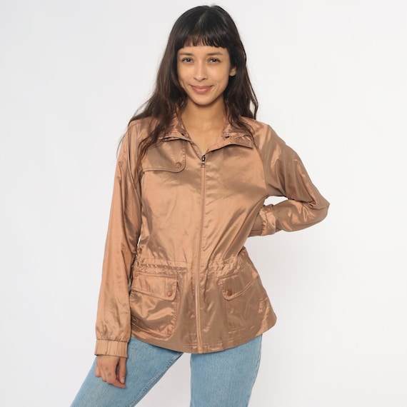 Bronze Utility Jacket Y2K Safari Style Golden Cargo Pockets Zip Up Windbreaker Neutral Minimalist Jacket Collared Lightweight Army Medium M