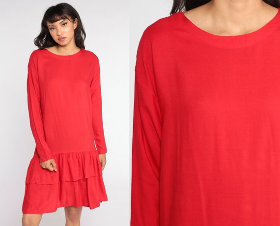 Red Tiered Dress Drop Waist Midi Dress 80s Plain Flounce Dress Vintage Long sleeve 1980s Shift Dress Casual Basic Medium