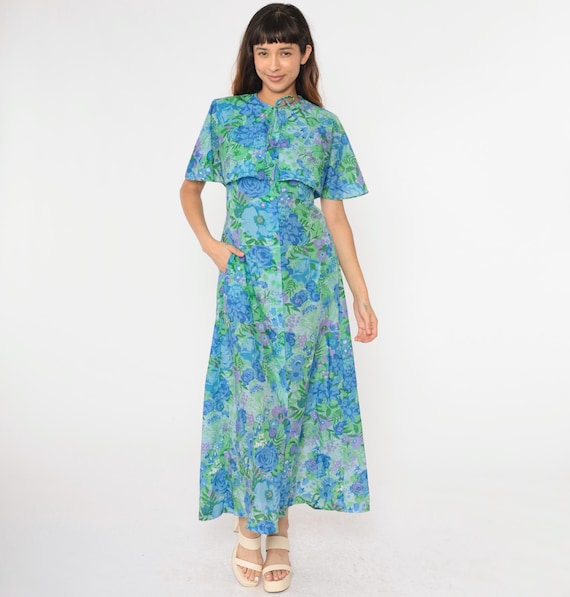 70s Capelet Floral Dress Blue Green Maxi Dress Hippie Gown Boho Button Up Flutter Sleeve Garden Party Bohemian Prom Vintage 1970s Small 6