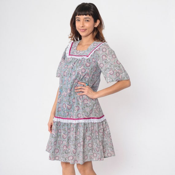 80s Paisley Dress Floral Tent Dress Blue Lace Yoke Midi Dress Ruffled Flounce 1980s Short Sleeve Vintage Shift Cotton Small S