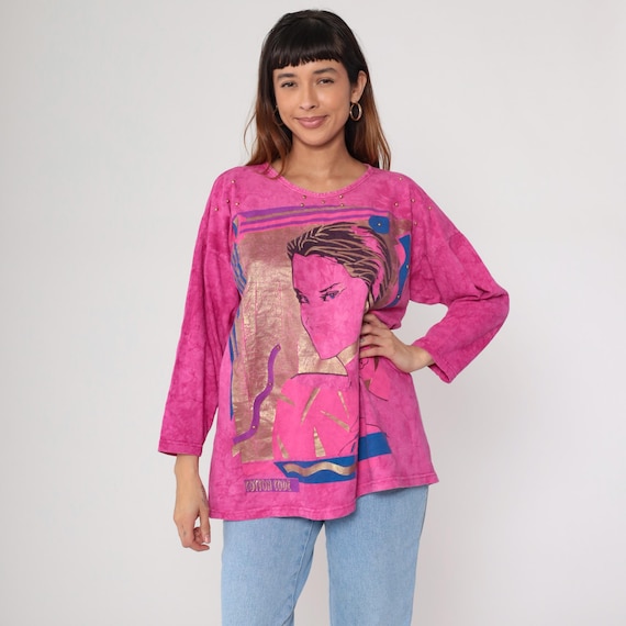 Hot Pink Art Top 90s Fashion Portrait Graphic Tee Gold Metallic Oversize 3/4 Sleeve Fuchsia Magenta Artistic T-Shirt Vaporwave Medium Large