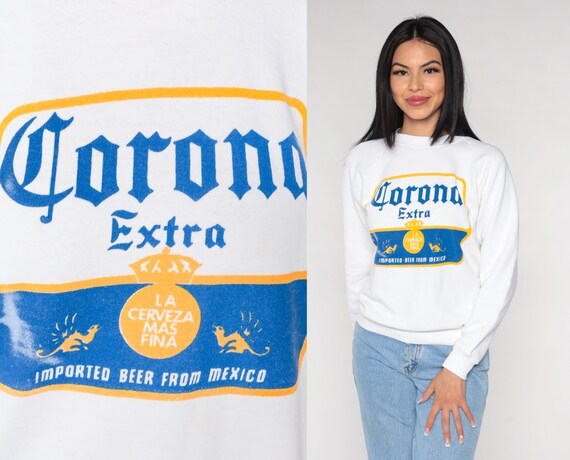 Corona Extra Sweatshirt 90s Beer Sweatshirt Alcohol Logo Graphic Shirt Retro Mexican Cerveza White Raglan Streetwear Vintage 1990s Small S