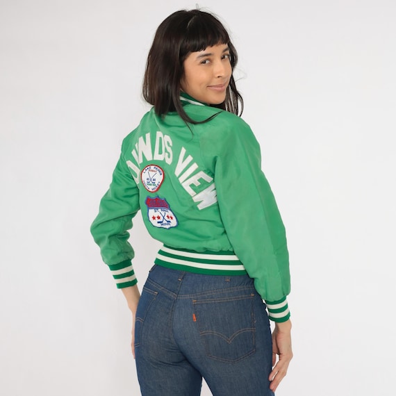 Vintage Green Bomber Jacket 80s Hockey Patch Uniform Jacket Cropped Mounds View Pat Snap Up Coat 1980s Striped Crop Coat Extra Small xs